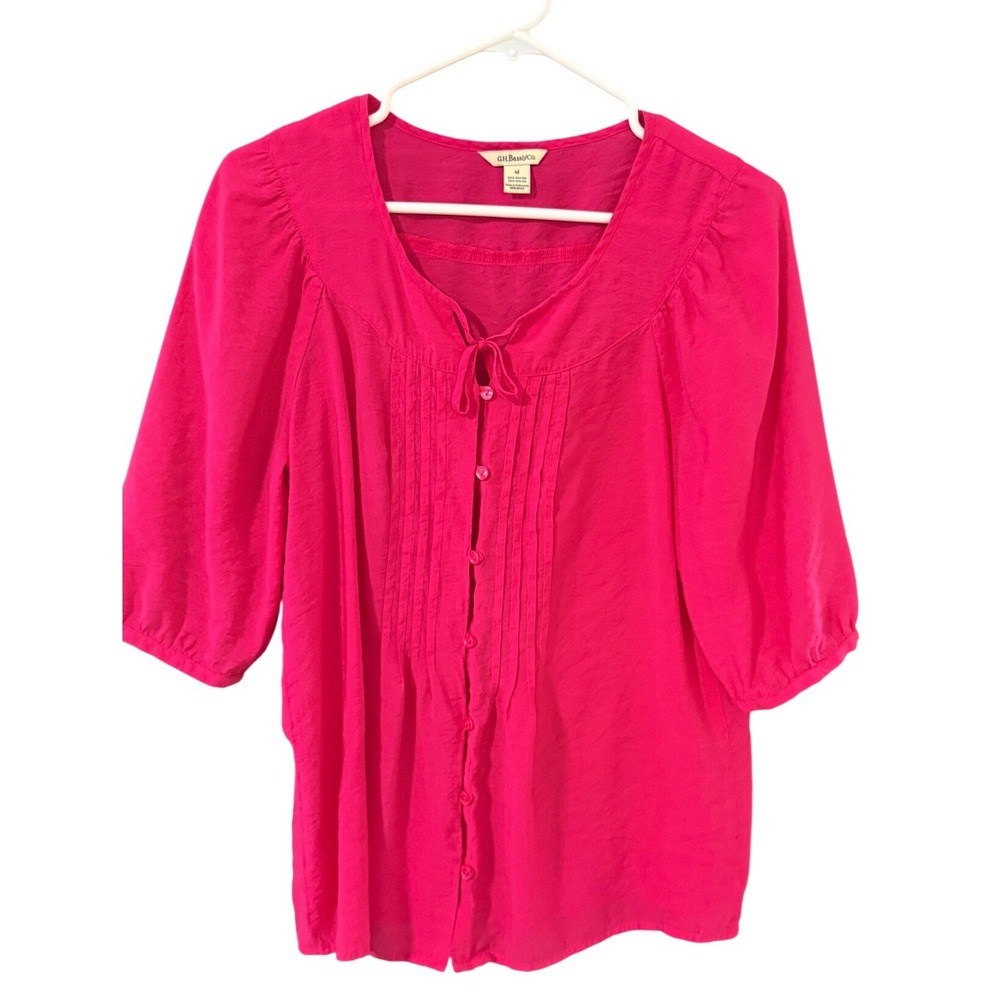 GH Bass & Co Womens Hot‎ Pink Pintuck Button Front Blouse 3/4 Sleeve Size M